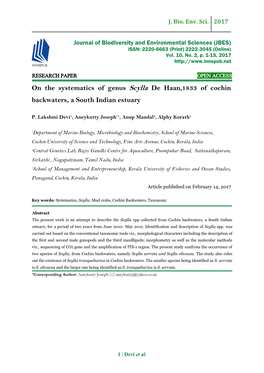 On the Systematics of Genus Scylla De Haan,1833 of Cochin Backwaters, a South Indian Estuary