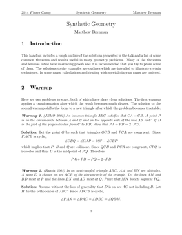 Synthetic Geometry Matthew Brennan