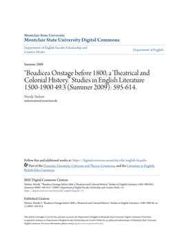 “Boadicea Onstage Before 1800, a Theatrical and Colonial History.” Studies in English Literature 1500-1900 49.3 (Summer 2009): 595-614