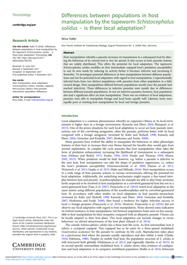 Differences Between Populations in Host Manipulation by the Tapeworm Schistocephalus Cambridge.Org/Par Solidus – Is There Local Adaptation?