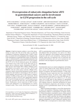 Overexpression of Eukaryotic Elongation Factor Eef2 in Gastrointestinal Cancers and Its Involvement in G2/M Progression in the Cell Cycle