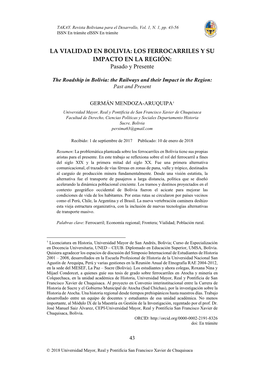LA VIALIDAD EN BOLIVIA: LOS FERROCARRILES Y SU IMPACTO EN LA REGIÓN: Pasado Y Presente