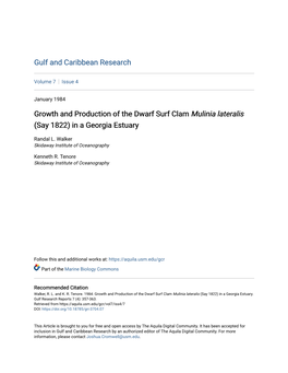 Growth and Production of the Dwarf Surf Clam Mulinia Lateralis (Say 1822) in a Georgia Estuary