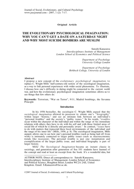 The Evolutionary Psychological Imagination: Why You Can’T Get a Date on a Saturday Night and Why Most Suicide Bombers Are Muslim