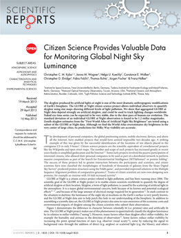 Citizen Science Provides Valuable Data for Monitoring Global Night Sky SUBJECT AREAS: ATMOSPHERIC SCIENCE Luminance ASTRONOMY and ASTROPHYSICS Christopher C