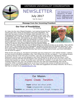 NEWSLETTER 1301 Gladewood Drive Blacksburg, VA 24060 Website: July 2017 E-Mail: Info@Uucnrv.Org Year 52, Issue 7 Phone: (540) 552-9716