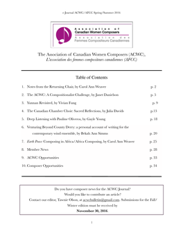 The Association of Canadian Women Composers (ACWC), L'association Des Femmes Compositeurs Canadiennes (AFCC) Table of Contents