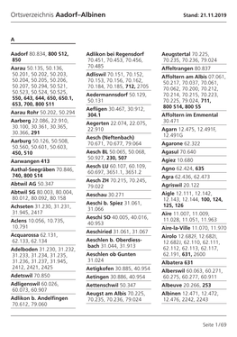 Ortsverzeichnis Aadorf–Albinen Stand: 21.11.2019