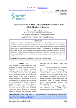 Celastrus Paniculatus Wild an Endangered Medicinal Plant in Kota (Hadoti-Region) of Rajasthan