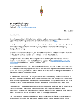 MP Mel Arnold Firearms Letter May 22 2020