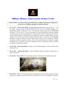 Military History Anniversaries 16 Thru 31 Oct