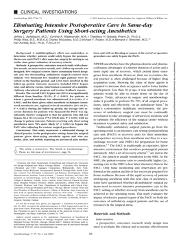 Eliminating Intensive Postoperative Care in Same-Day Surgery Patients Using Short-Acting Anesthetics Jeffrey L