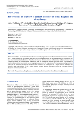 Tuberculosis: an Overview of Current Literature on Types, Diagnosis and Drug Therapy