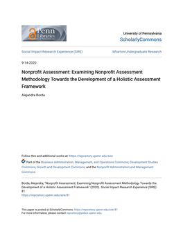 Nonprofit Assessment: Examining Nonprofit Assessment Methodology Towards the Development of a Holistic Assessment Framework