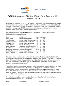 WBCA Announces Division I State Farm Coaches' All-America Team 2009-10 040310