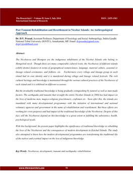 Post Tsunami Rehabilitation and Resettlement in Nicobar Islands: an Anthropological Approach