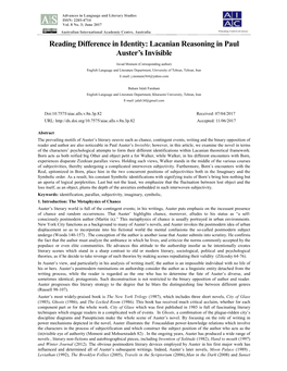 Reading Difference in Identity: Lacanian Reasoning in Paul Auster’S Invisible