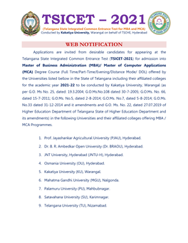 TSICET – 2021 (Telangana State Integrated Common Entrance Test for MBA and MCA) Conducted by Kakatiya University, Warangal on Behalf of TSCHE, Hyderabad
