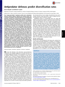 Antipredator Defenses Predict Diversification Rates Kevin Arbuckle1 and Michael P