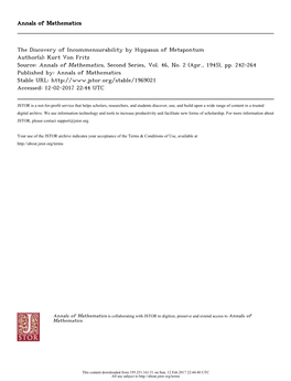 The Discovery of Incommensurability by Hippasus of Metapontum Author(S): Kurt Von Fritz Source: Annals of Mathematics, Second Series, Vol