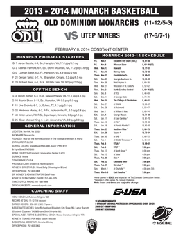 2014 MONARCH BASKETBALL OLD DOMINION MONARCHS (11-12/5-3) Vs UTEP MINERS (17-6/7-1)