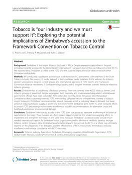 Tobacco Is “Our Industry and We Must Support It”: Exploring the Potential Implications of Zimbabwe’S Accession to the Framework Convention on Tobacco Control E