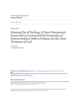 A Penta-Dimensional Framework to Understand the Feminicides of Roberto Bolaño’S 2666 As Evidence for the (Non- )Existence of God Cody Chun Cmchun@Pugetsound.Edu