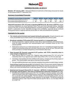 EARNINGS RELEASE: Q3 2018-19 Summary Consolidated Financials