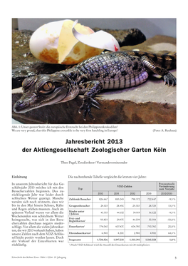 Jahresbericht 2013 Der Aktiengesellschaft Zoologischer Garten Köln