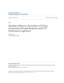 An Analysis of China's Government Disaster Response and CCP Performance Legitimacy Aaron Yang Claremont Mckenna College