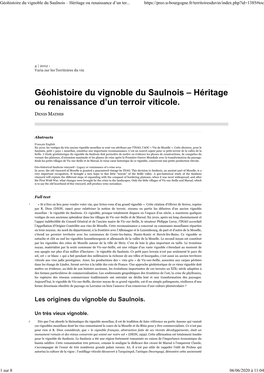 Géohistoire Du Vignoble Du Saulnois – Héritage Ou Renaissance D’Un Ter