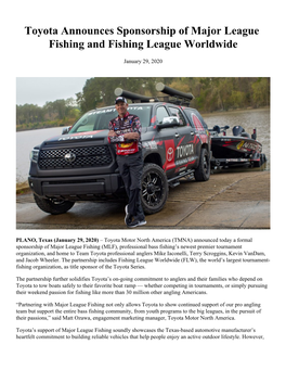 Toyota Announces Sponsorship of Major League Fishing and Fishing League Worldwide