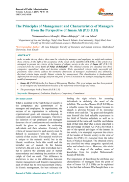 The Principles of Management and Characteristics of Managers from the Perspective of Imam Ali (P.B.U.H)