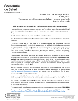 Puebla, Pue., a 5 De Mayo De 2021 B-109/2021 Vacunación En Atlixco, Amozoc, Izúcar Y La Zona Conurbada Gpo