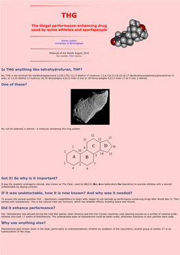 The Illegal Performance-Enhancing Drug Used by Some Athletes and Sportspeople Is THG Anything Like Tetrahydrofuran, THF? One Of