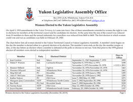 Women Elected to the Yukon Legislative Assembly