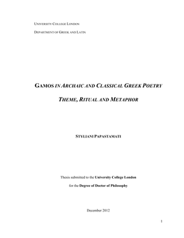 Gamos in Archaic and Classical Greek Poetry