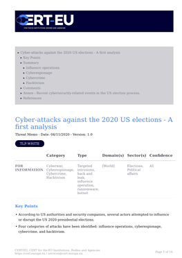 Cyber-Attacks Against the 2020 US Elections