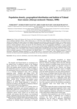 Population Density, Geographical Distribution and Habitat of Talaud Bear Cuscus (Ailurops Melanotis Thomas, 1898)