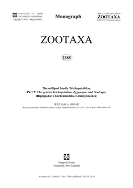 Zootaxa, the Milliped Family Trichopetalidae