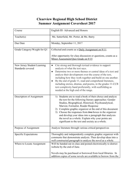 Clearview Regional High School District Summer Assignment Coversheet 2017