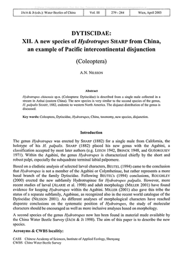 DYTISCIDAE: XII. a New Species of Hydrotrupes SHARP from China, an Example of Pacific Intercontinental Disjunction (Coleoptera)