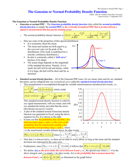 The Gaussian Or Normal Probability Density Function Author: John M