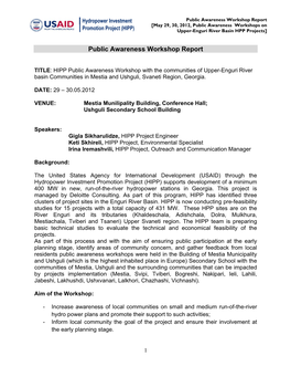 Public Awareness Workshop Report [May 29, 30, 2012, Public Awareness Workshops on Promotion Project (HIPP) Upper-Enguri River Basin HPP Projects]