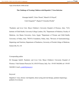 The Challenge of Treating Children with Hepatitis C Virus Infection Giuseppe Indolfi1, Claire Thorne2, Manal H. El Sayed3, Carlo