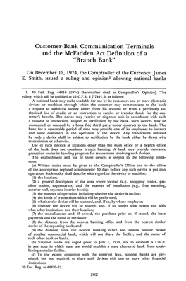 Customer-Bank Communication Terminals and the Mcfadden Act Definition of a "Branch Bank"