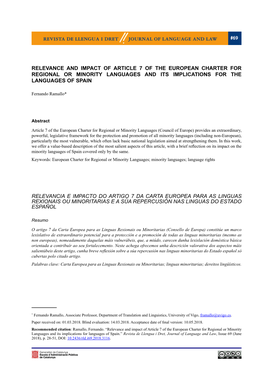 Relevance and Impact of Article 7 of the European Charter for Regional Or Minority Languages and Its Implications for the Languages of Spain