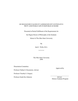 De Religionibus Sacris Et Caerimoniis Est Contionatus: Piety and Public Life in Republican Rome