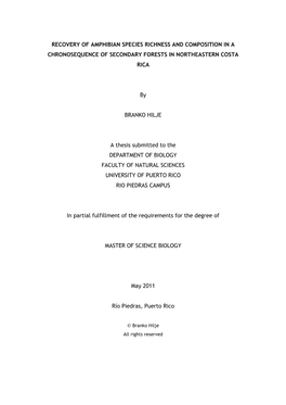 Recovery of Amphibian Species Richness and Composition in a Chronosequence of Secondary Forests in Northeastern Costa Rica