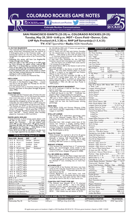 Colorado Rockies Game Notes